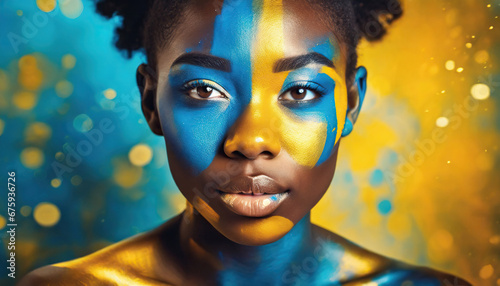a closeup photo portrait of a beautiful woman with blue eyes with painted face blue and yellow colors. abstract bold colors in retro vintage artstyle