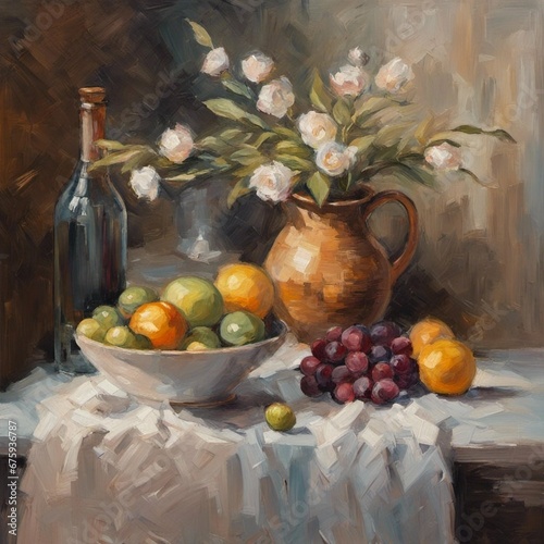 oil painting of a still life, impressionism, heavily textured brushstrokes