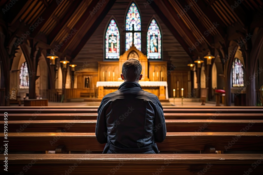 Lonely man sits on bench in temple and prays to God. Generative AI