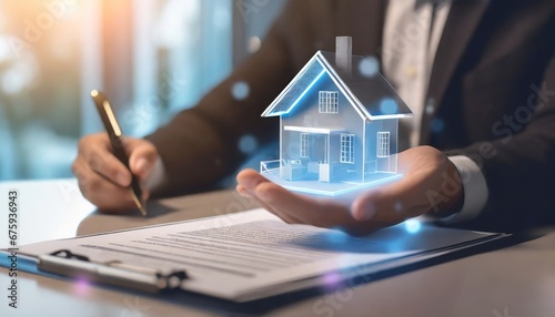 a concept holo 3d render model of a small living house on a table in a real estate agency. signing mortgage contract document and demonstrating. futuristic business. blurry background photo