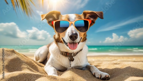 a cute dog with sunglasses on the sand beach on a sunny day enjoying vacation. hot summer day at the sea ocean © Marko