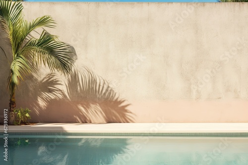 Palm tree by pool on light concrete wall, abstract aesthetic background. Generative AI
