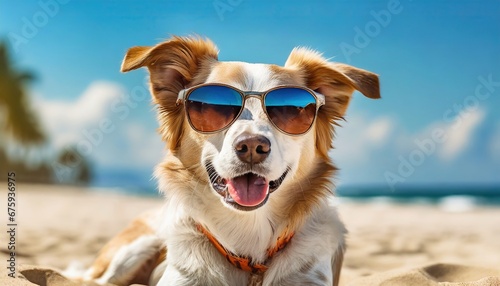 a cute dog with sunglasses on the sand beach on a sunny day enjoying vacation. hot summer day at the sea ocean © Marko