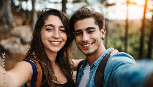a cute romantic hetrosexual couple shooting a selfie while hiking in country in a forest in the morning. smiling and being happy together photo