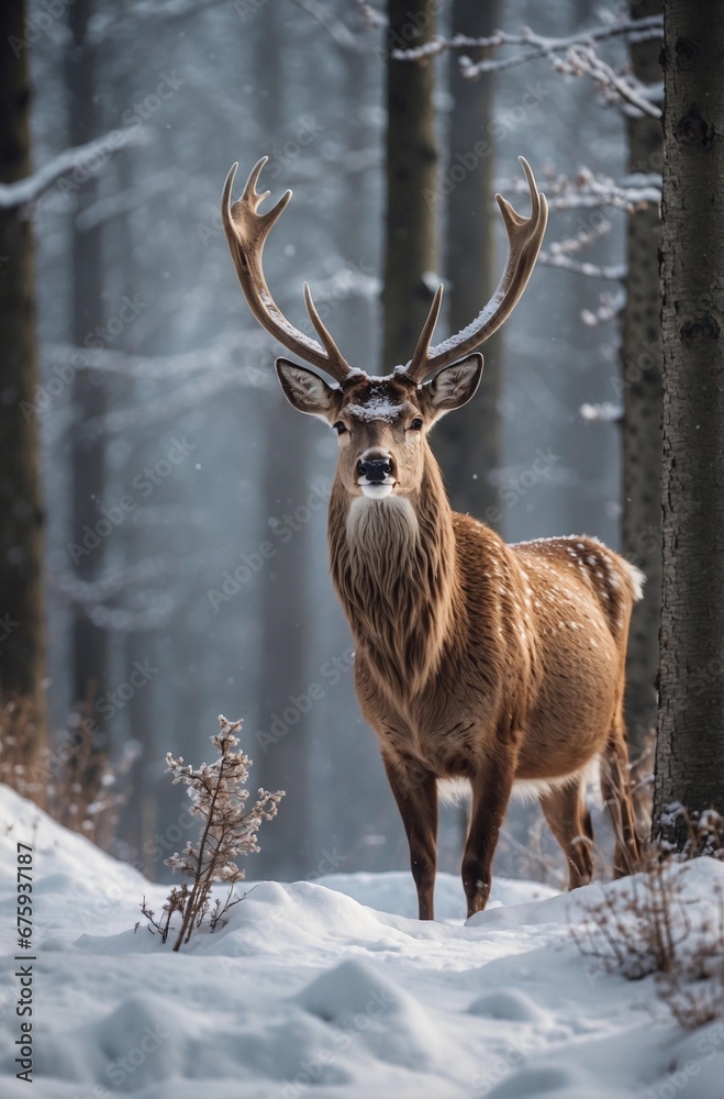 Winter Grace: Beautiful Deer with Antlers in a Sunny Forest Winter Grace: Beautiful Deer with Antlers in a Sunny Forest