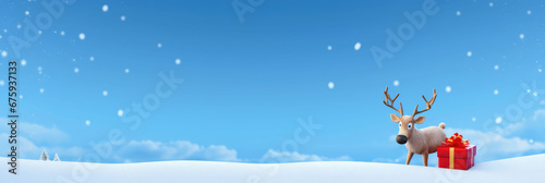 Reindeer With Red Nose And Santa Hat On Blue Christmas, Background Image, Background For Banner, HD