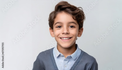 a professional portrait studio photo of a cute mixed race boy child model with perfect clean teeth laughing and smiling. isolated on white background