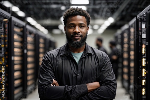 Happy African American Man in a Server Room