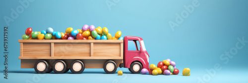 Wooden Toy Truck Loaded With Colorful Easter Eggs  Background Image  Background For Banner  HD