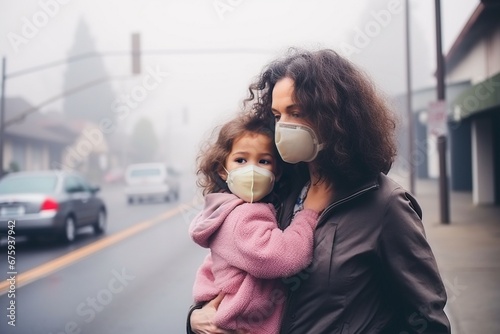American mother puts a mask on her daughter on the side of a polluted city road
