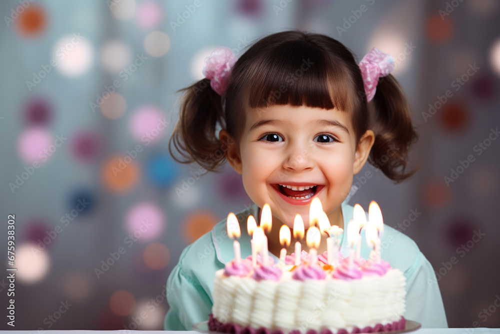 Portrait of a little happy girl is preparing to blow out candles on her birthday cake, isolated on blurry background. Birthday party celebrating. Generative AI. Portrait of a little happy girl is preparing to blow out candles on her birthday cake, isolated on blurry background. Birthday party celebrating. Generative AI.