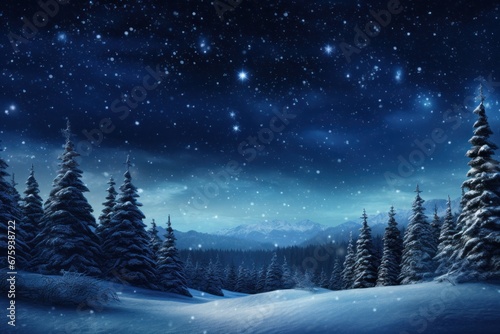 Serene winter landscape at night, snow-covered pine trees under starry sky with mountain backdrop.