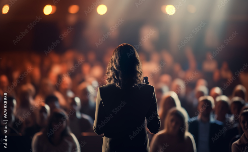 Rear view of motivational woman speaker standing on stage in front of audience for motivation speech on business event - obrazy, fototapety, plakaty 