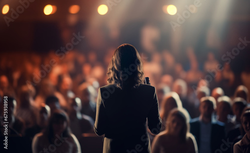 Rear view of motivational woman speaker standing on stage in front of audience for motivation speech on business event photo