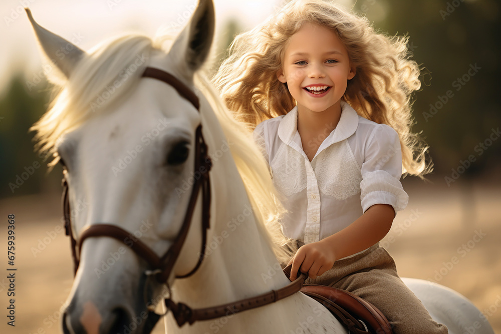 Φωτογραφία The portrait of a joyous young girl is riding on a dignified white race horse at a horse farm and her hair blown by wind