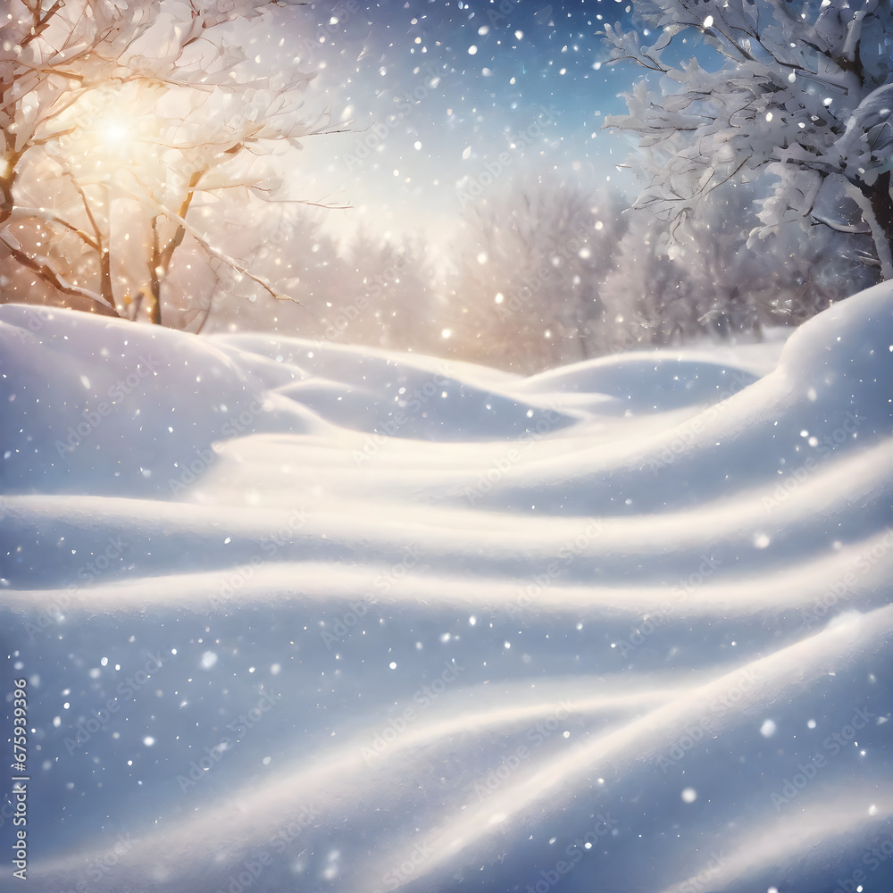 winter snow background with beautiful light and snow flakes