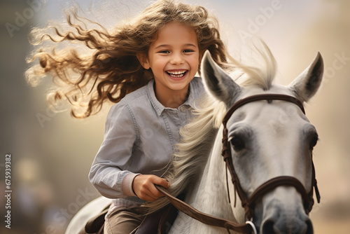 The portrait of a joyous young girl is riding on a dignified white race horse at a horse farm and her hair blown by wind. Generative AI. © Surachetsh