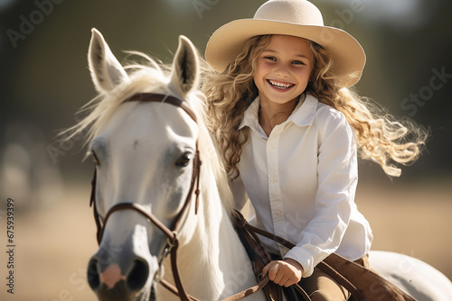 The portrait of a joyous young girl is riding on a dignified white race horse at a horse farm and her hair blown by wind. Generative AI.