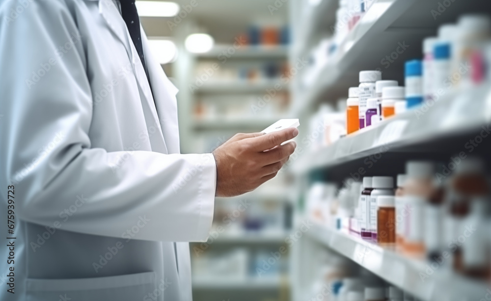 Pharmacist in pharmacy outfit holds in his hands a set of medicines for the patient, blurred background