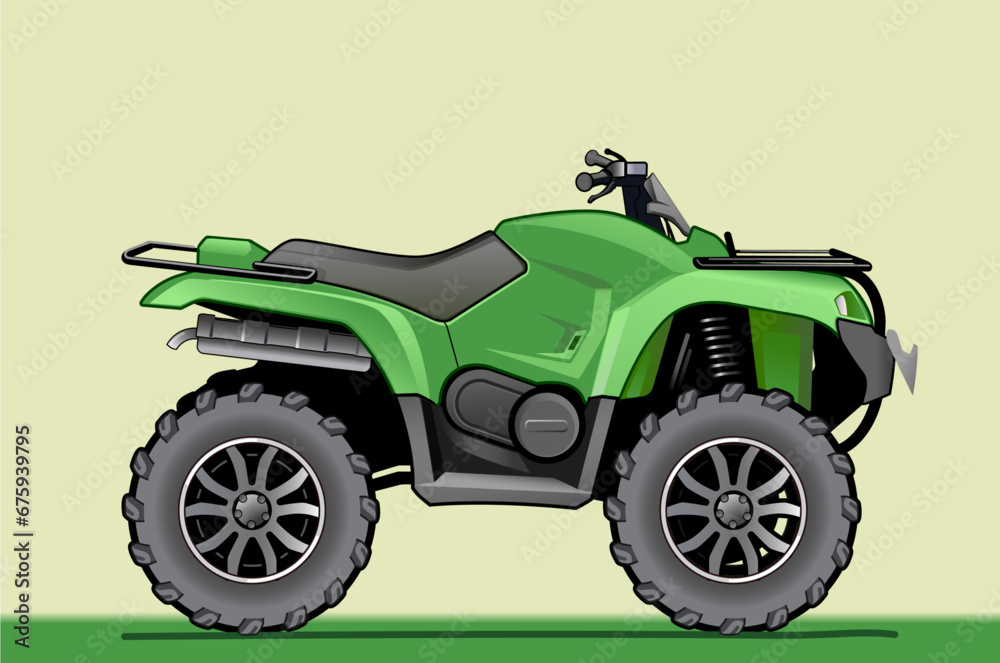 ATV vector illustration, side view. All terrain vehicle in green color