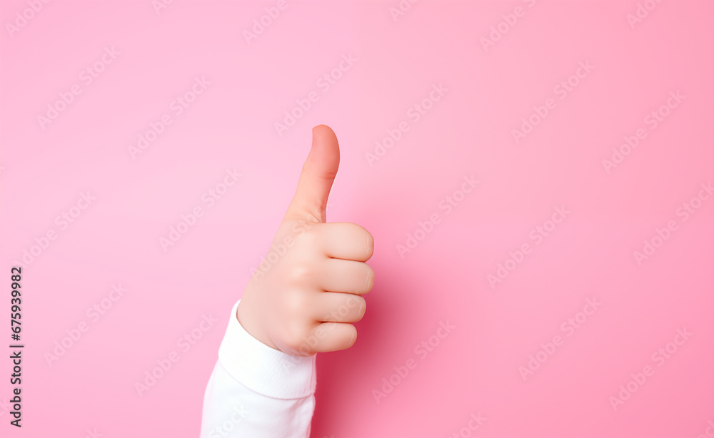 Toddler giving a thumbs up on pink background.
