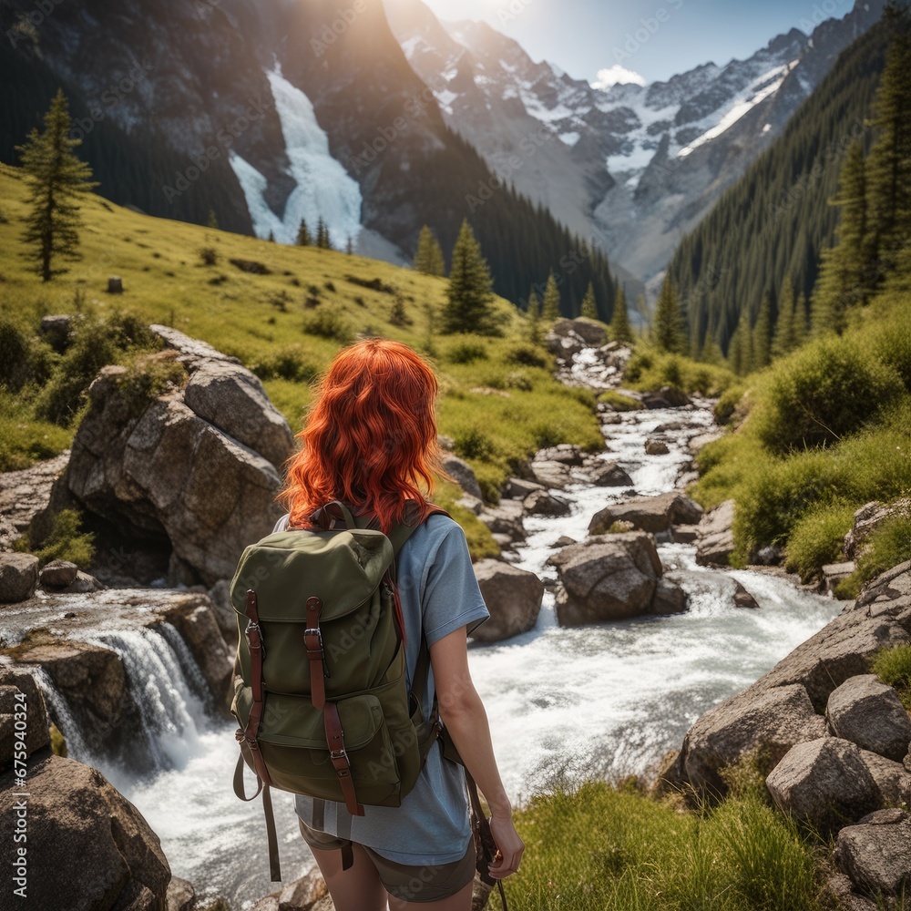 A girl in the mountains. A girl travels with a backpack in the mountains.