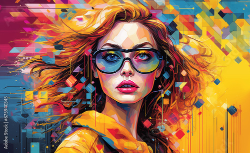 Vibrant Pop Art style that showcases woman at the world of blockchain and cryptocurrencies and NFT. 