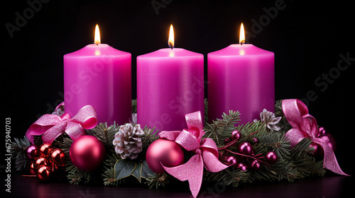 Candles in Advent Wreath: Festive Pink and Purple Decoration for Christmas Celebration