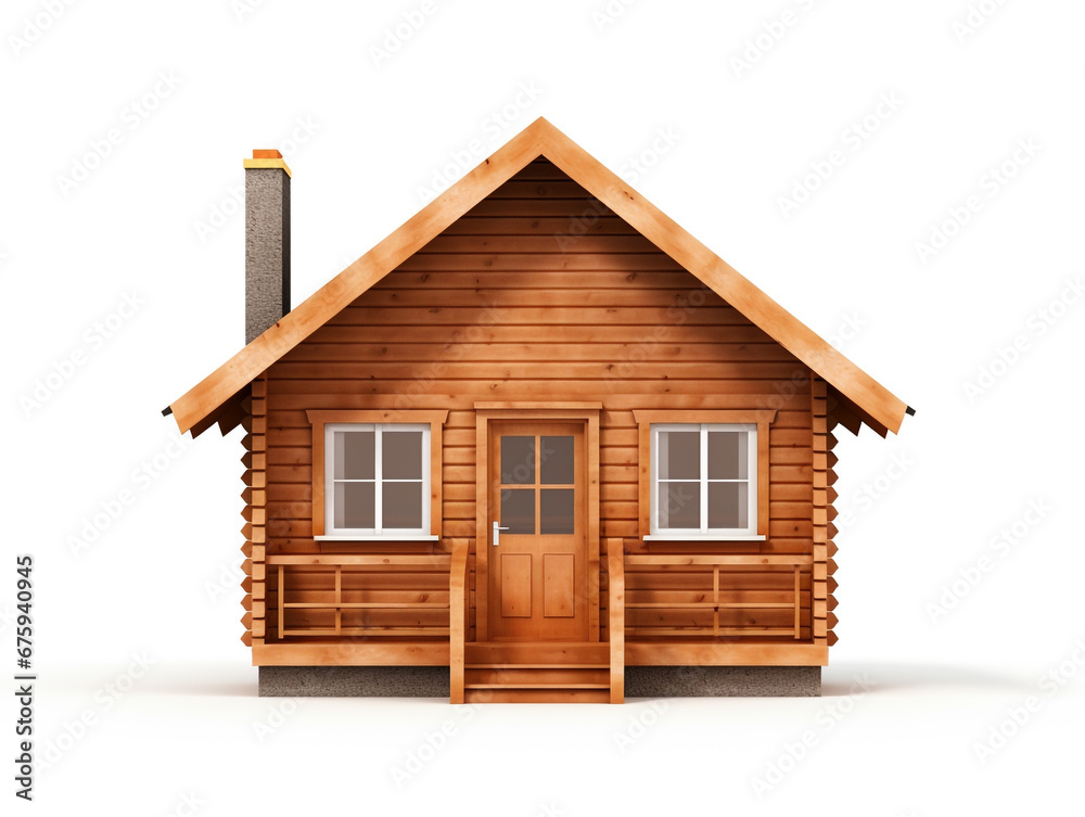 3D renders of a small cabin house, isolated on a white background. Made of wood and roof from metal deck. 3D renders of a small cabin house, isolated on a white background. Made of wood and roof from metal deck.