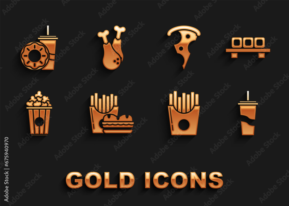 Set Burger and french fries in carton package box, Sushi cutting board, Paper glass with drinking straw water, Potatoes, Popcorn cardboard, Slice of pizza, donut and Chicken leg icon. Vector Set Burger and french fries in carton package box, Sushi cutting board, Paper glass with drinking straw water, Potatoes, Popcorn cardboard, Slice of pizza, donut and Chicken leg icon. Vector