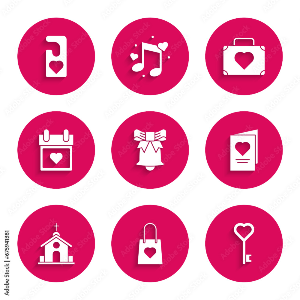 Set Ringing bell, Shopping bag with heart, Key shape, Valentines day party flyer, Church building, Calendar, Suitcase for travel and Please do not disturb icon. Vector Set Ringing bell, Shopping bag with heart, Key shape, Valentines day party flyer, Church building, Calendar, Suitcase for travel and Please do not disturb icon. Vector