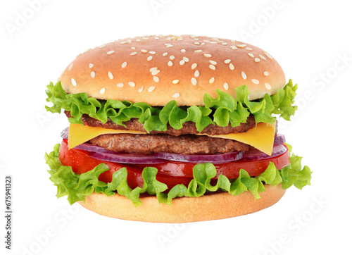 Big hamburger with beef cutlet and onion on transparent background