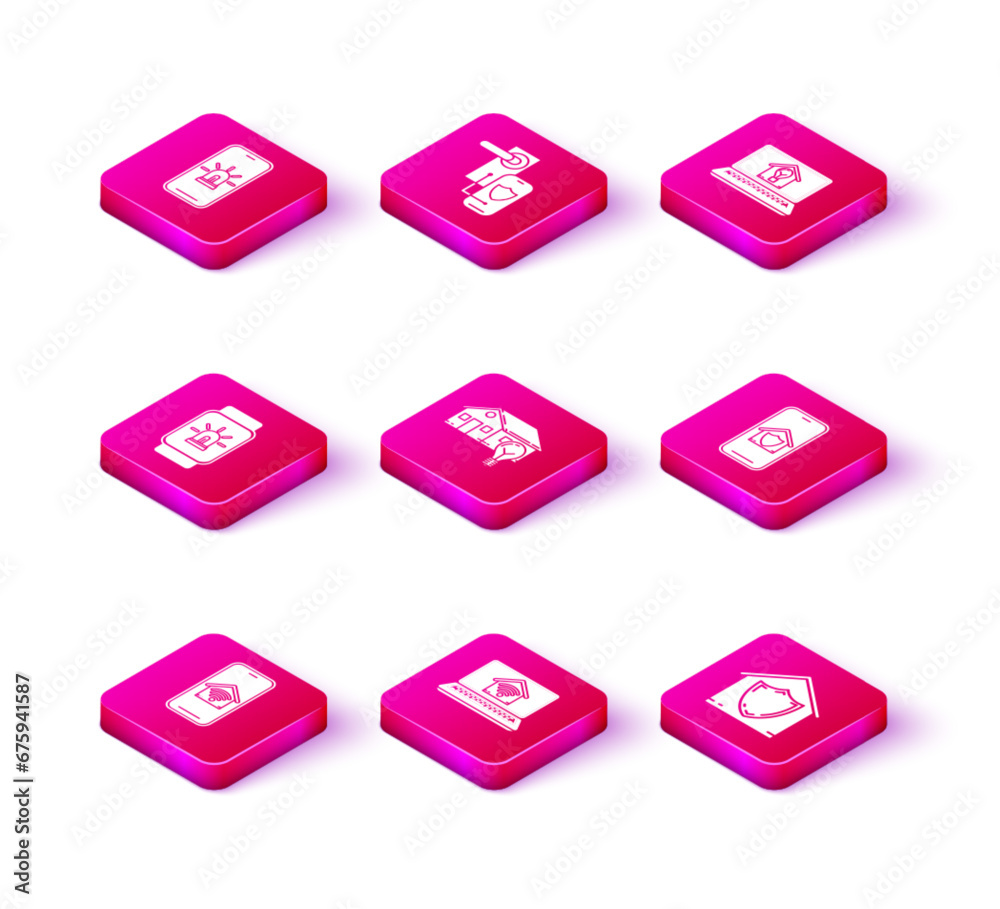 Set Mobile phone with smart home with wi-fi, Laptop, Smart watch house and alarm, light bulb, House under protection, and Digital door lock wireless technology for lock icon. Vector Set Mobile phone with smart home with wi-fi, Laptop, Smart watch house and alarm, light bulb, House under protection, and Digital door lock wireless technology for lock icon. Vector