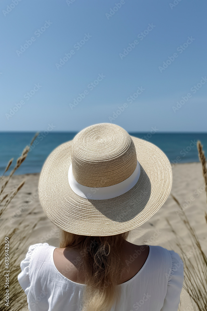 Embracing Serenity: A Woman in a Straw Hat Observing the Ocean’s Expanse, ai generative