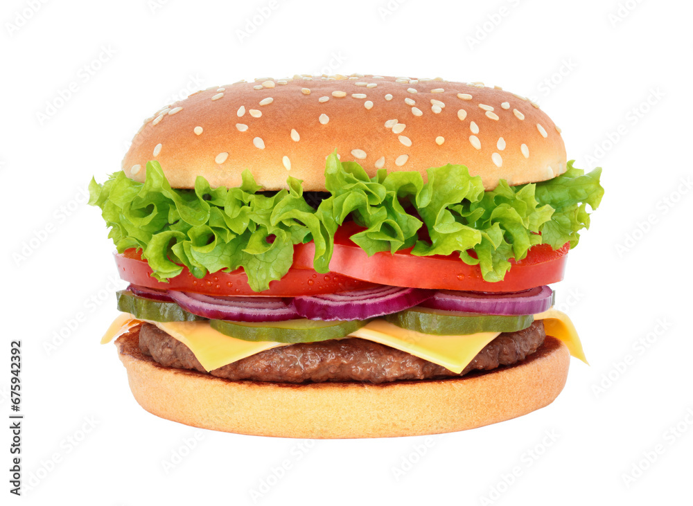 Big hamburger with beef cutlet and onion on transparent background Big hamburger with beef cutlet and onion on transparent background