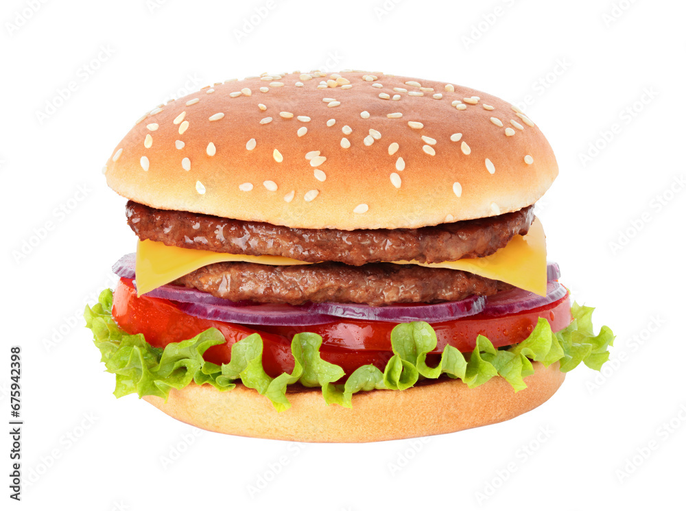 Big hamburger with two cutlets on transparent background Big hamburger with two cutlets on transparent background
