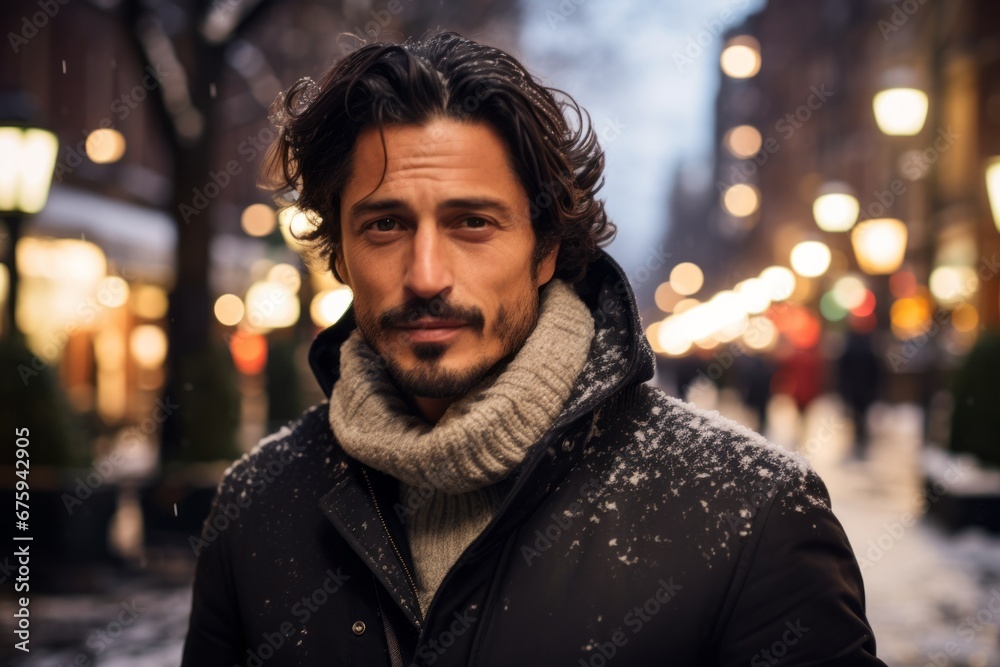 Portrait of a handsome man in winter coat and scarf on the street Portrait of a handsome man in winter coat and scarf on the street
