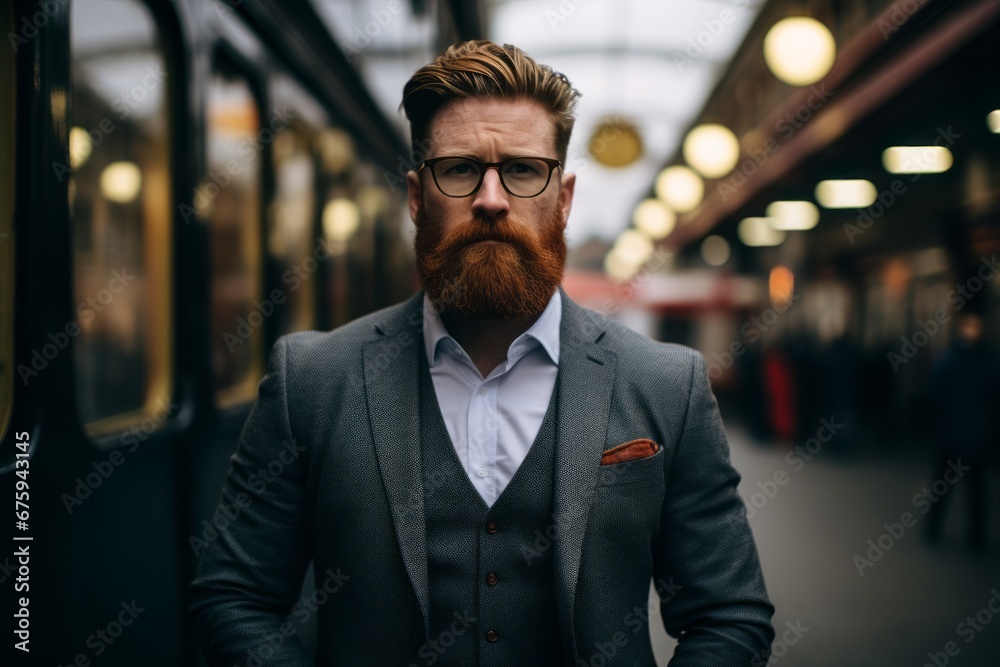 Portrait of a handsome young man with a long beard and mustache in a suit and glasses on the background of a train station Portrait of a handsome young man with a long beard and mustache in a suit and glasses on the background of a train station