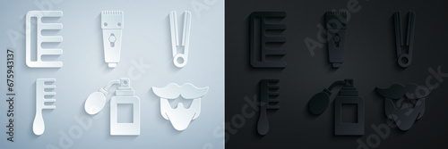 Set Aftershave bottle with atomizer, Curling iron for hair, Hairbrush, Mustache and beard, Electrical clipper shaver and icon. Vector