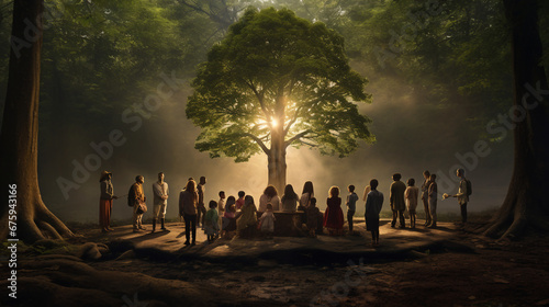 diverse family members as they stand in a circle around the newly planted tree in the forest. reverence and hope © J.V.G. Ransika