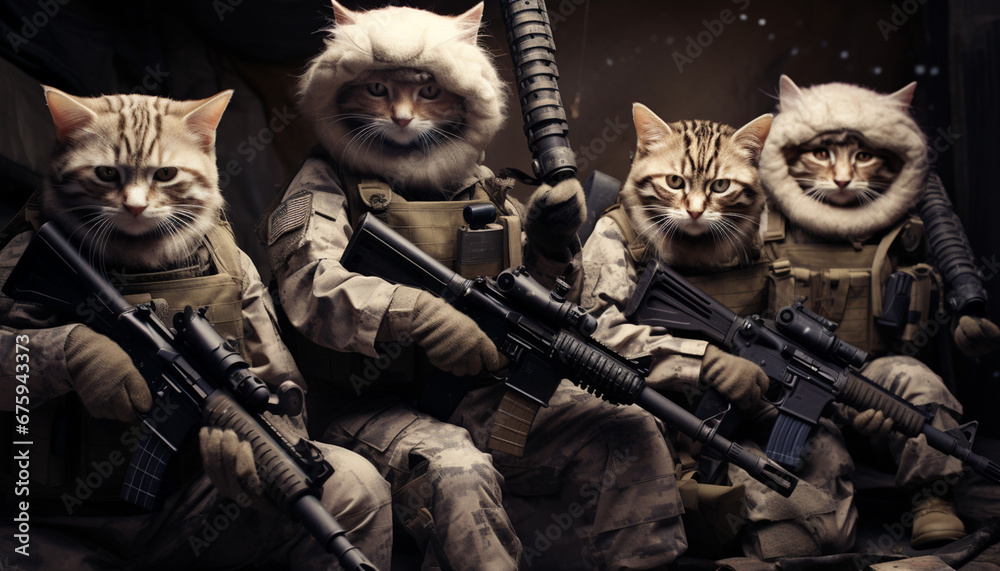 Fototapeta premium Cat special forces team with full weapons. Innovative AI.