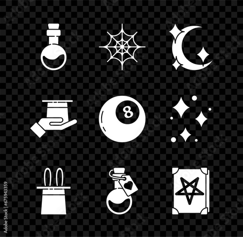 Set Bottle with love potion, Spider web, Moon and stars, Magician hat rabbit ears, Ancient magic book, in hand and ball of predictions icon. Vector