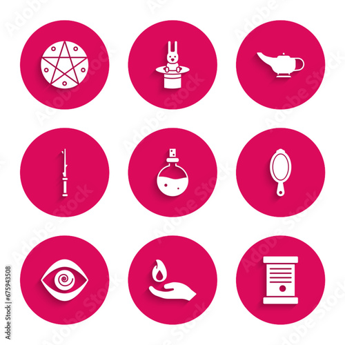 Set Bottle with love potion, Hand holding a fire, Decree, paper, parchment, scroll, Magic hand mirror, Hypnosis, wand, lamp Aladdin and Pentagram circle icon. Vector