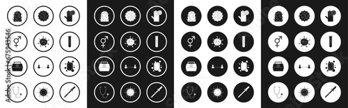 Set Hand with virus, Virus, Gender, Rabies, Blood test, Bar of soap and First aid kit icon. Vector