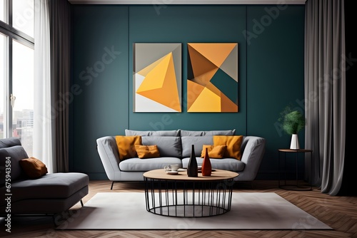 an inviting living room in an elegant color scheme, in the style of minimalist geometric abstraction, dark green and amber, contemporary scandinavian art, wlop, tondo, large canvases, dark azure and b photo