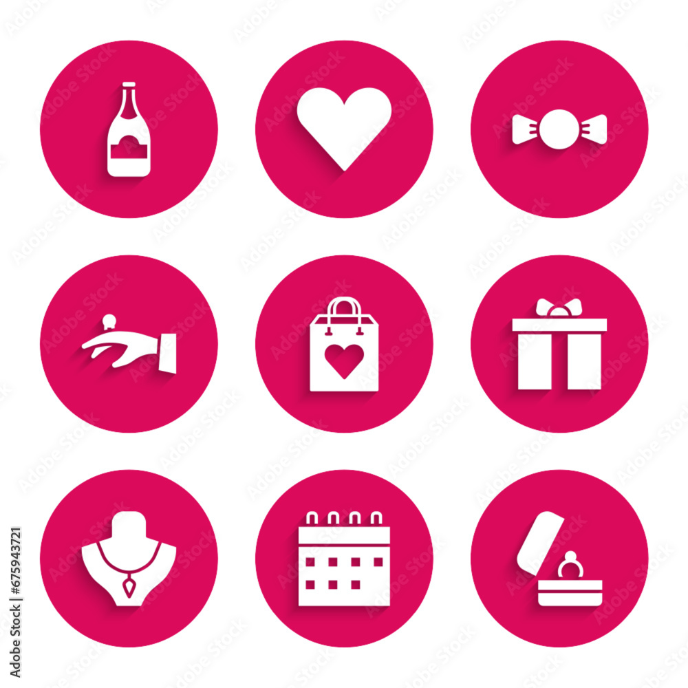 Set Shopping bag with heart, Calendar, Wedding rings, Gift box, Necklace on mannequin, hand, Bow tie and Champagne bottle icon. Vector Set Shopping bag with heart, Calendar, Wedding rings, Gift box, Necklace on mannequin, hand, Bow tie and Champagne bottle icon. Vector