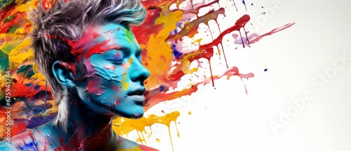 Man Embracing Vibrant Paint Strokes. A man's profile is dramatically accentuated with vibrant paint strokes, capturing the raw energy and colourful essence of his artistic spirit.