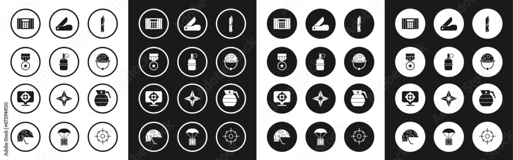 Set Military knife, Hand grenade, reward medal, Dynamite bomb, helmet, Swiss army, and Target sport icon. Vector Set Military knife, Hand grenade, reward medal, Dynamite bomb, helmet, Swiss army, and Target sport icon. Vector