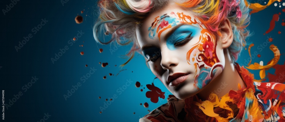 A female model with vibrant paint splatters and brush strokes in a burst of colors on her face and hair, against a deep blue backdrop.
