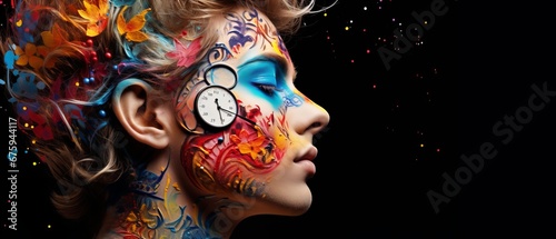 Profile view of a person adorned with vibrant body paint and timepiece imagery, signifying a merge of art and temporality.